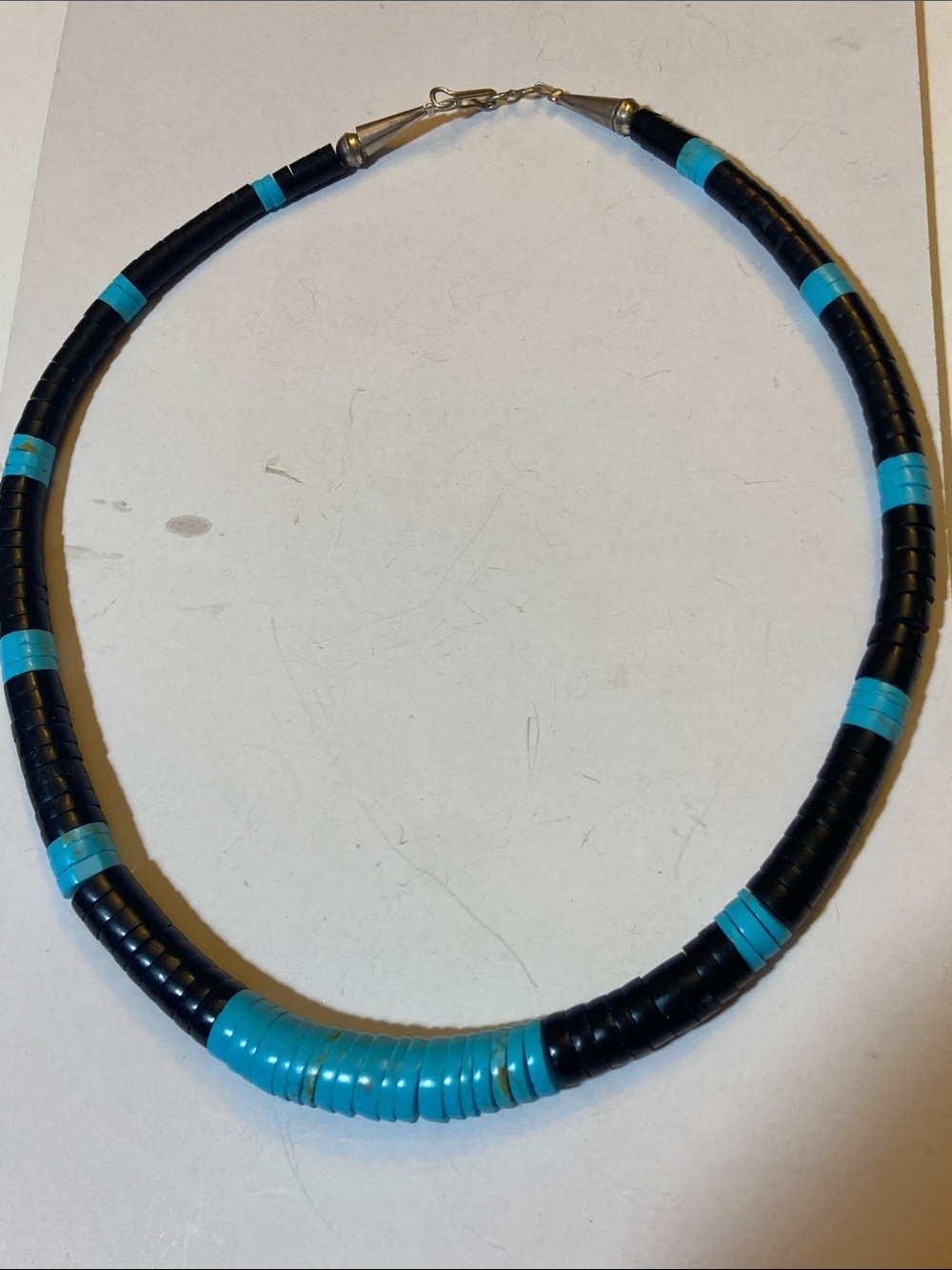 Santo Domingo Turquoise & Jet Heishi Necklace L-18.5” Sterling Silver Hook